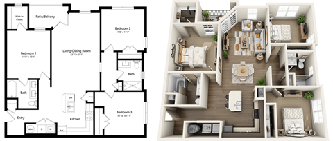 A floor plan of a house with two bedrooms, a living room, a kitchen, and an entryway.